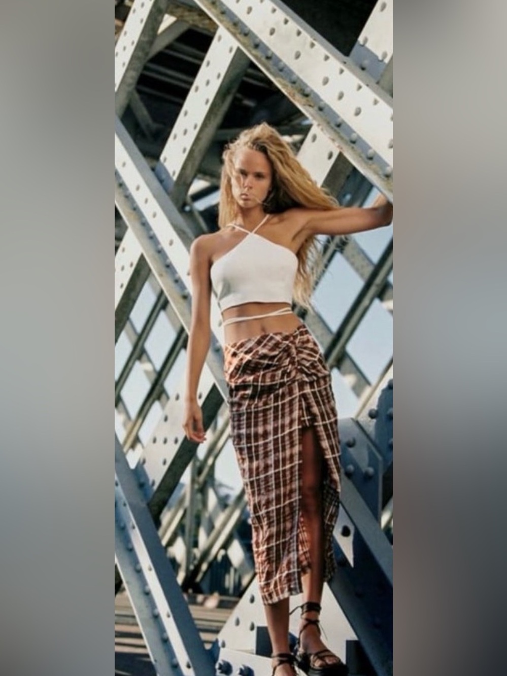 Zara Plaid Ruched Midi Skirt sz XS